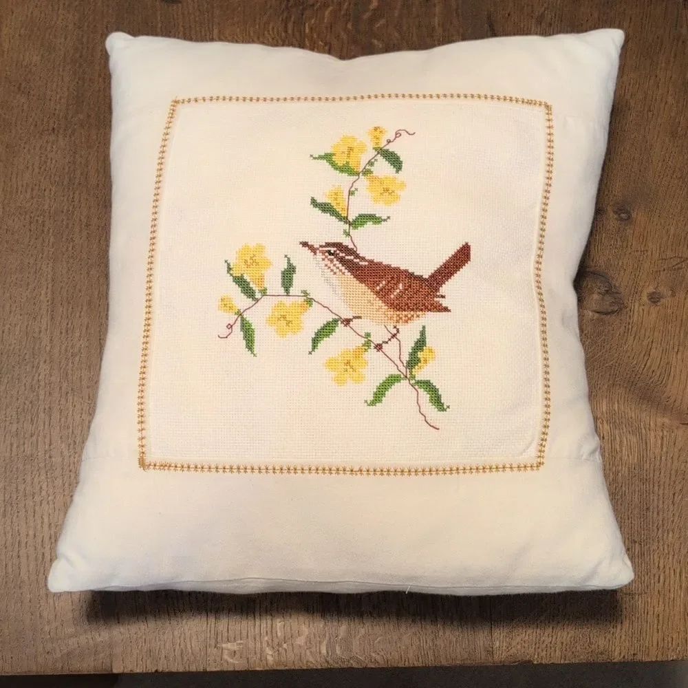 Handmade Cross Stitch Bird and Floral Accent Throw Pillow Vintage